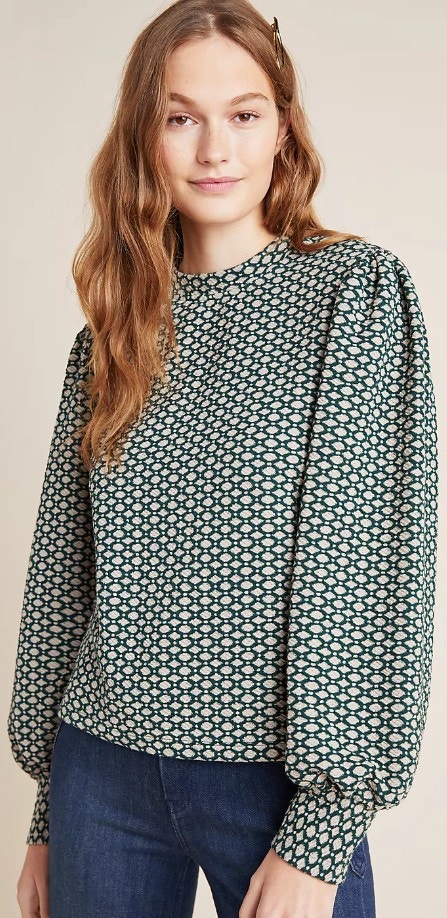 Anthropologie Maeve Shannon Balloon Sleeved Top Green Beige Jacquard Knit Xs